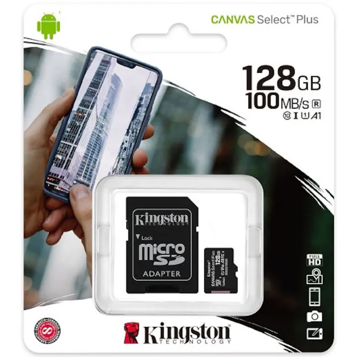 Card de memorie Kingston Canvas Select Plus, MicroSD, 128GB, Full Hd, Class 10, UHS-I Performance, U1, V10